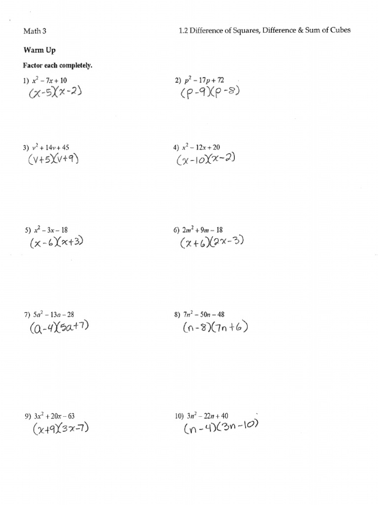 Key 1 2 difference of squares difference sum of cubes pdf