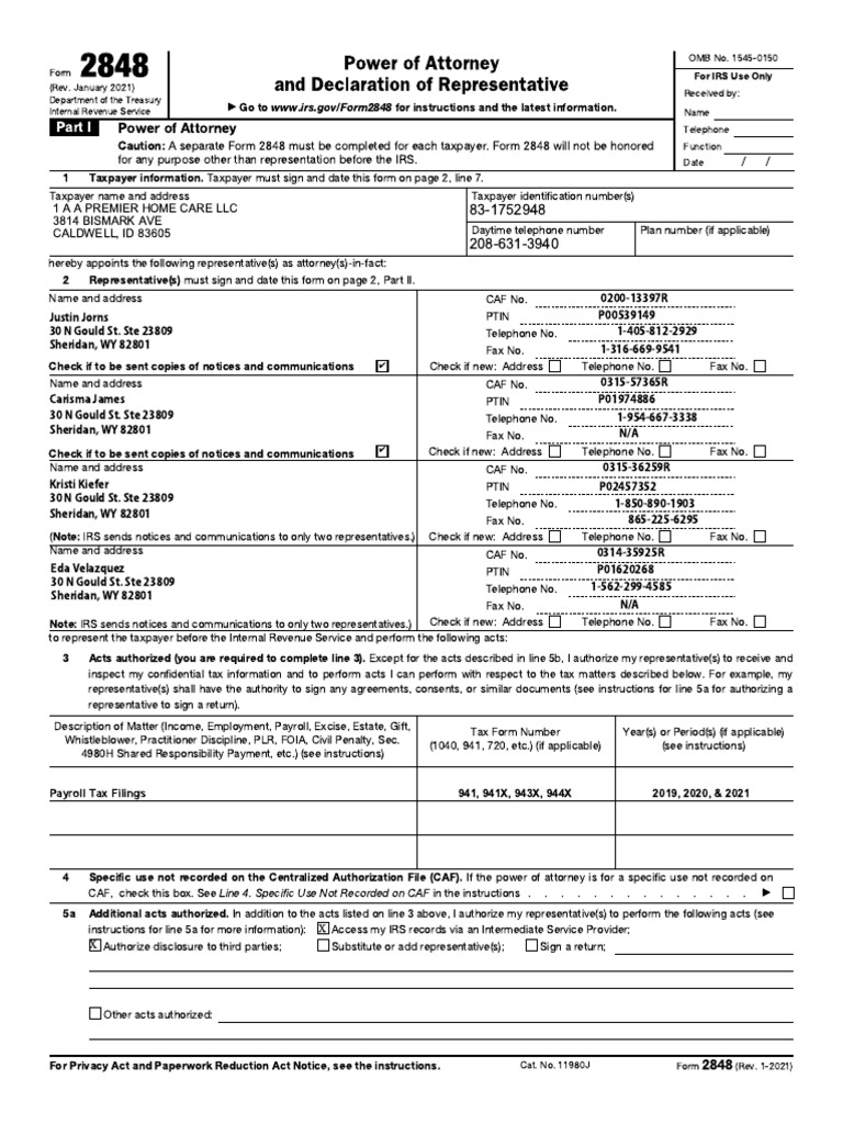1 A A Premier Home Care LLC 2848 Form PDF