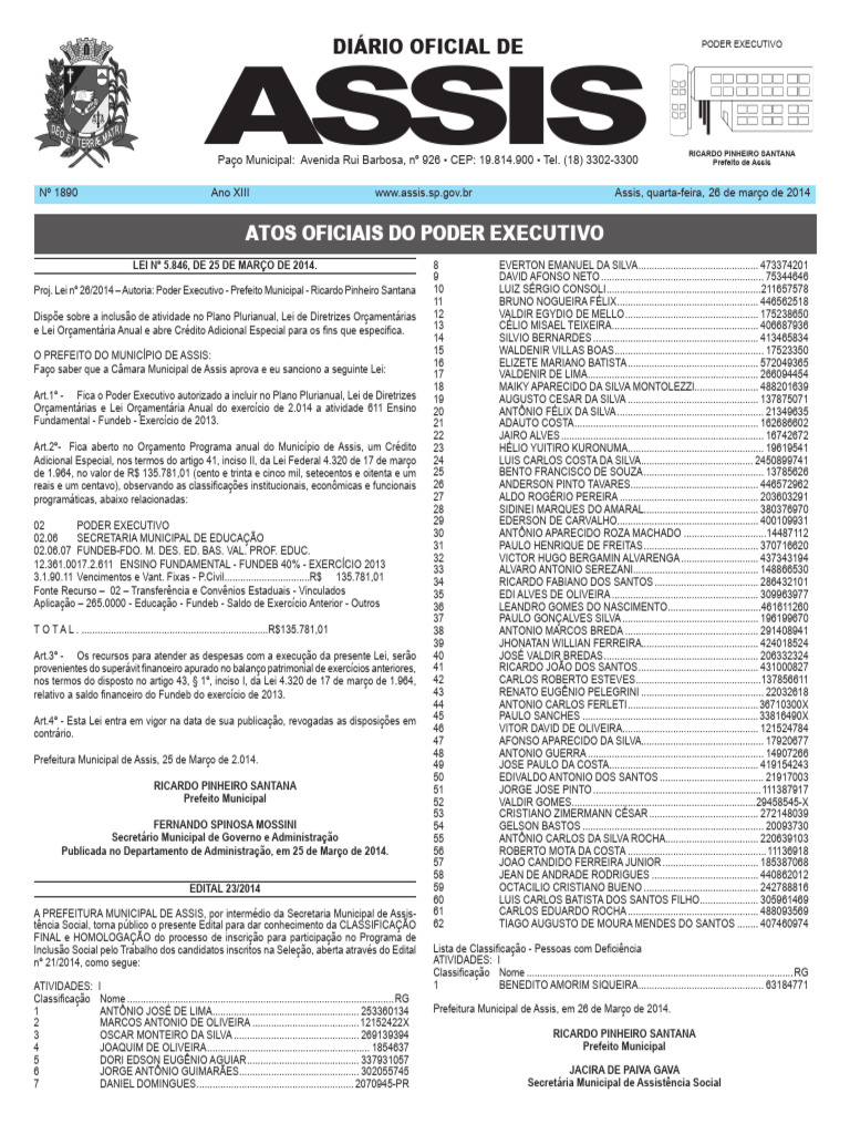 Assis: Atos Oficiais Do Poder Executivo | PDF