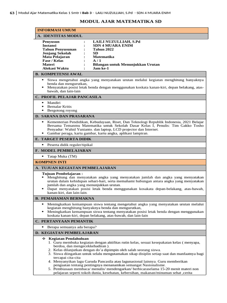 Modul Ajar Matematiks Bab 3 Kelas 1 Ok Pdf