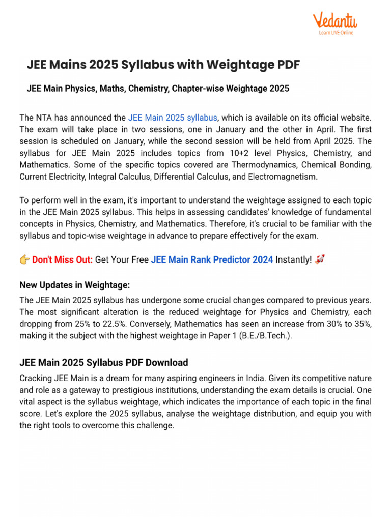 JEE Mains 2025 Syllabus With Weightage PDF | PDF