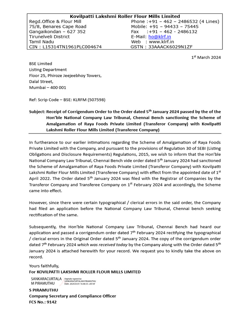 BSE Intimation Rectification Order | PDF