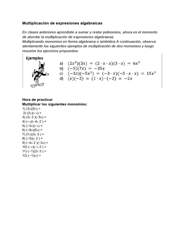 TALLER SOBRE Multiplicación de Expresiones Algebraicas | PDF