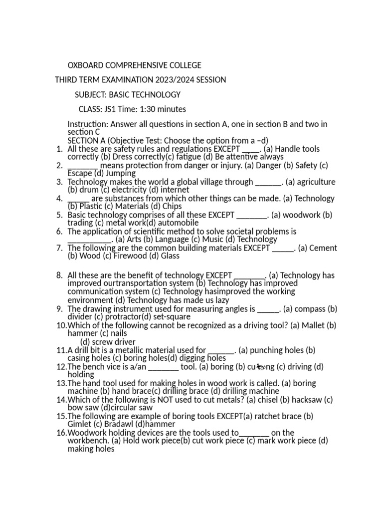 Basic Technology Examination Third Term | PDF | Tools | Screw