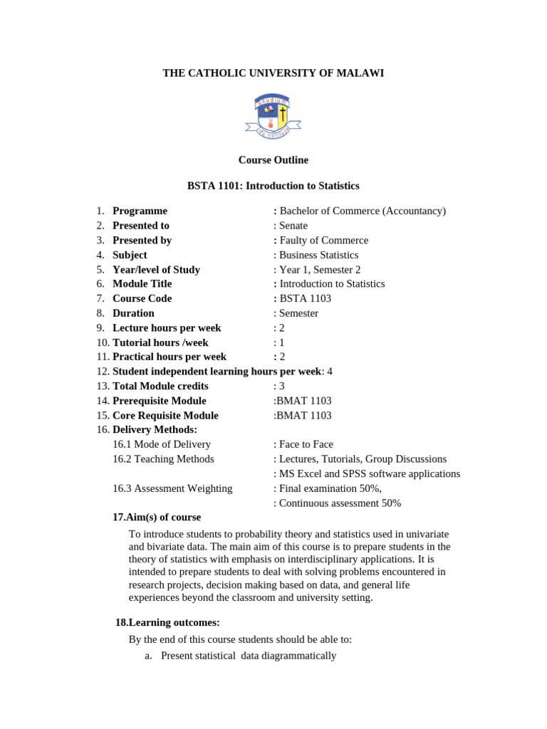 Business statistics course outlines pdf