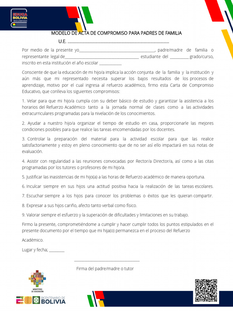 Modelo de Acta de Compromiso para Padres de Familia | PDF
