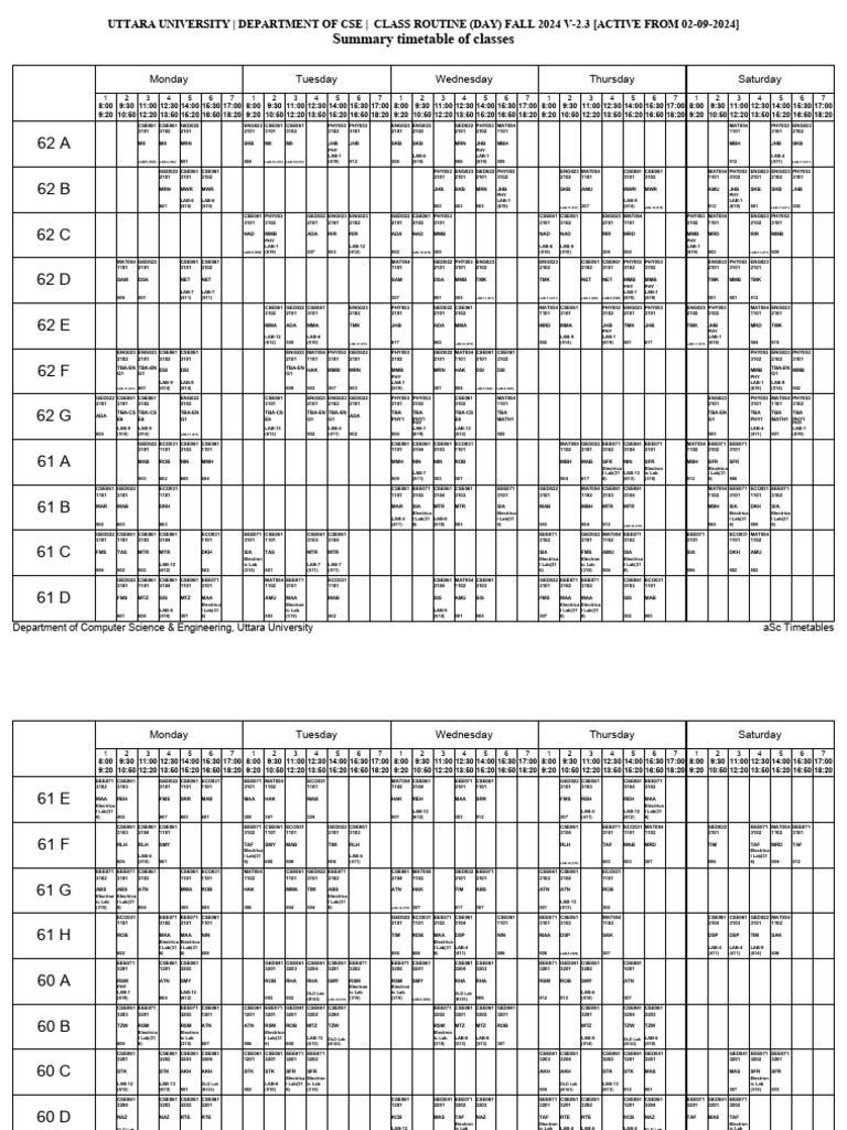 Revised Day Batches Class Routine Fall 2024 V 2.3 Active From 02 09 ...