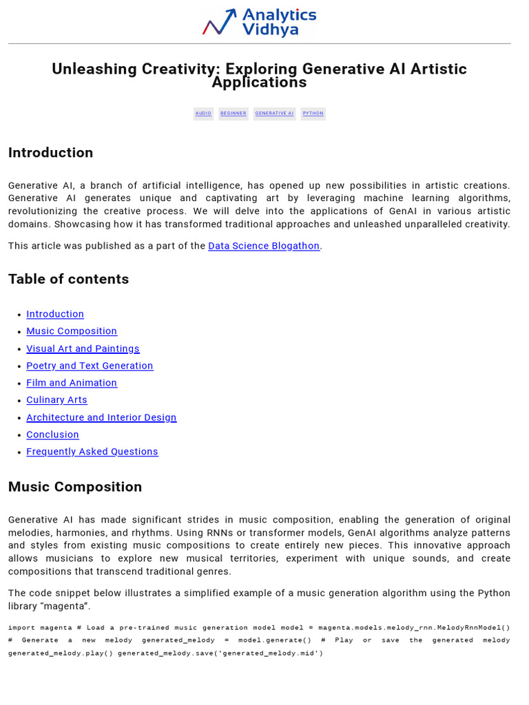 Unleashing Creativity Exploring Generative Ai Artistic Applications | PDF