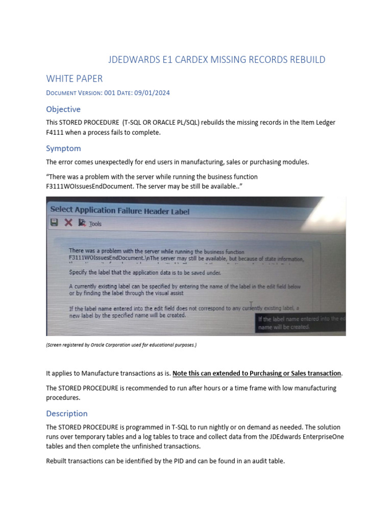JDEDwards Cardex Missing Transactions Recovery JDE EnterpriseOne | PDF ...