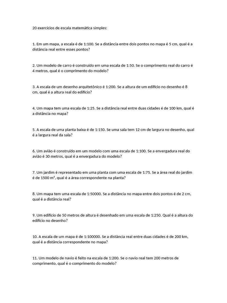20 Exercícios de Escala Matemática Simples | PDF