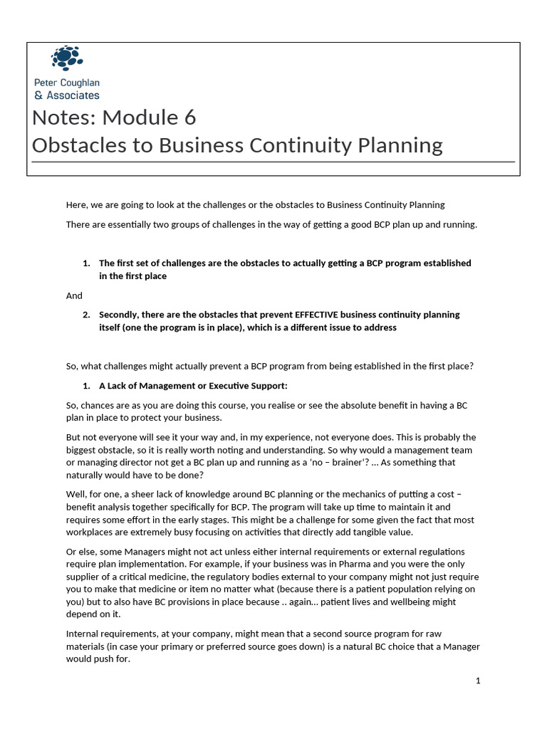 Notes On Module 6 Obstacles To BCP | PDF