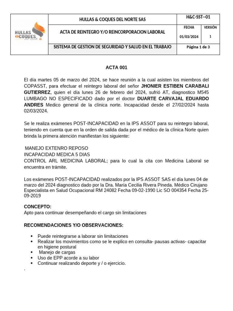 Acta de Reintegro Laboral 2024 | PDF | Finance & Money Management