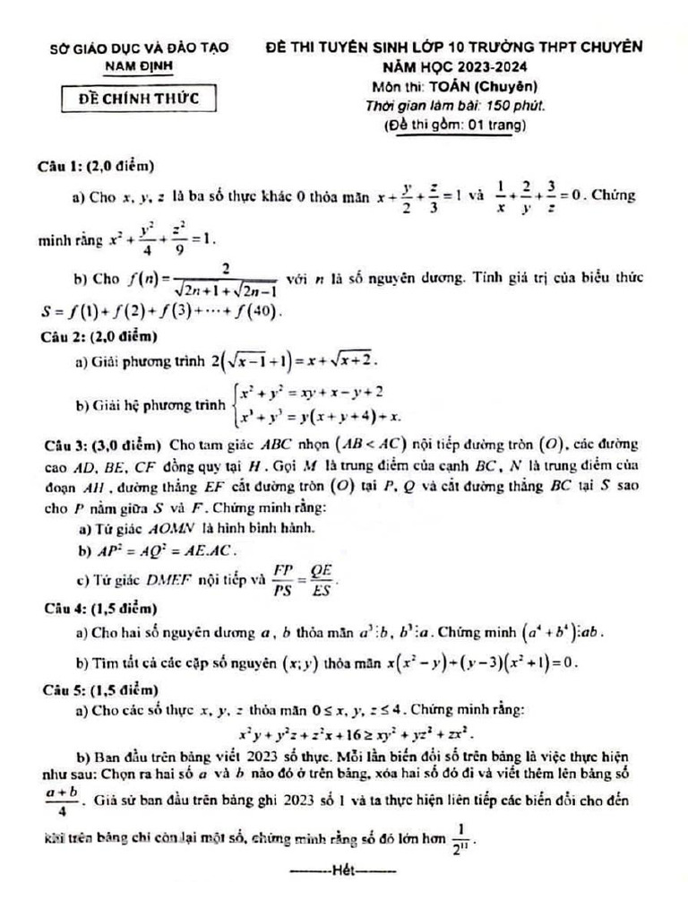 De Thi Vao 10 Chuyen Mon Toan Chuyen Nam 2023 2024 So GDDT Nam Dinh | PDF
