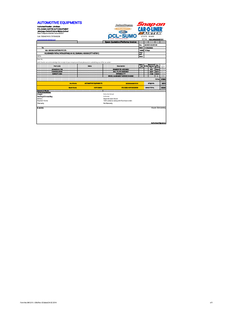 Automotive Equipment Quotation Details | PDF | Motor Vehicle