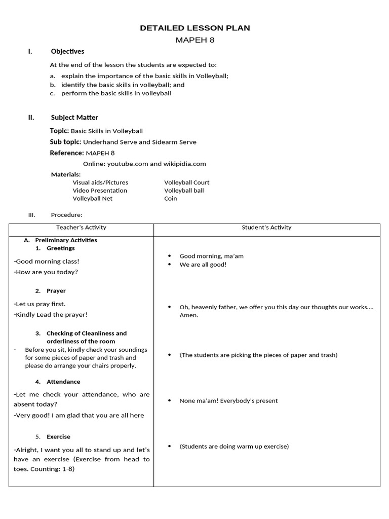 Detailed Lesson Plan Mapeh Volleyball Equipment Pdf