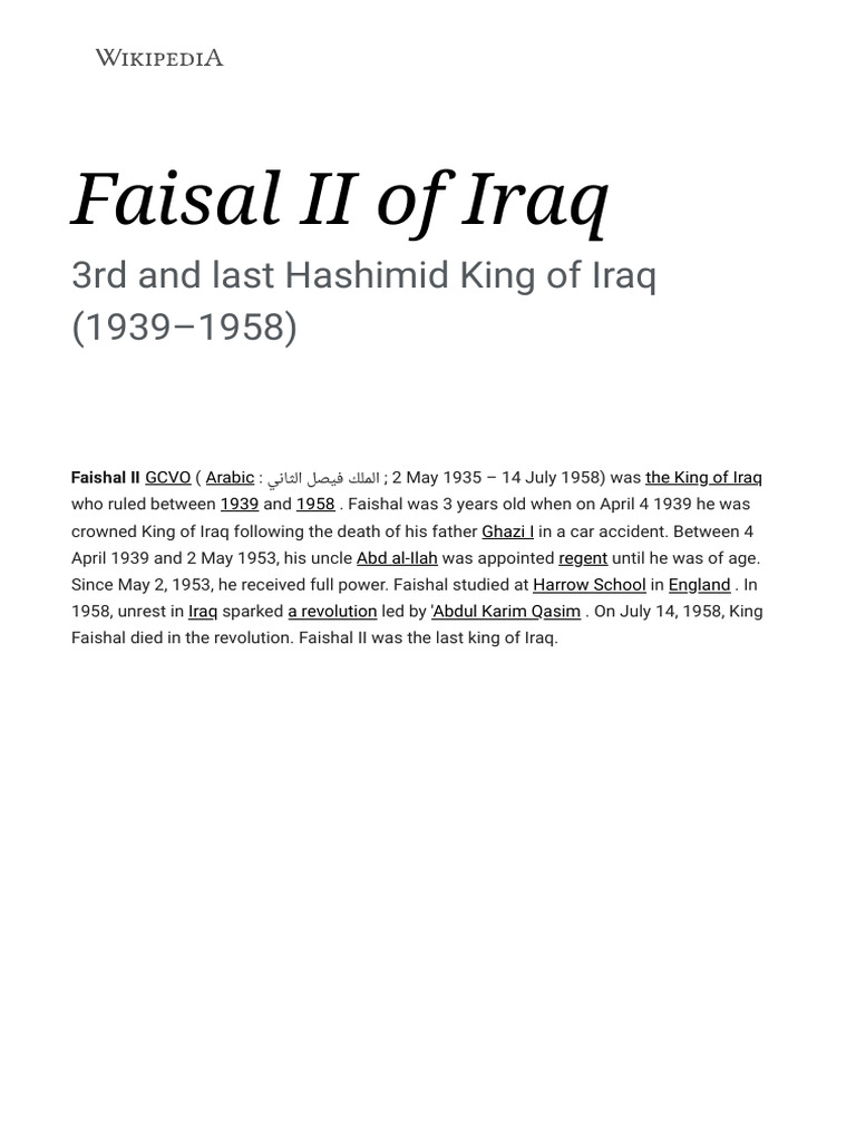 Faisal II of Iraq - Indonesian Wikipedia, The Free Encyclopedia | PDF