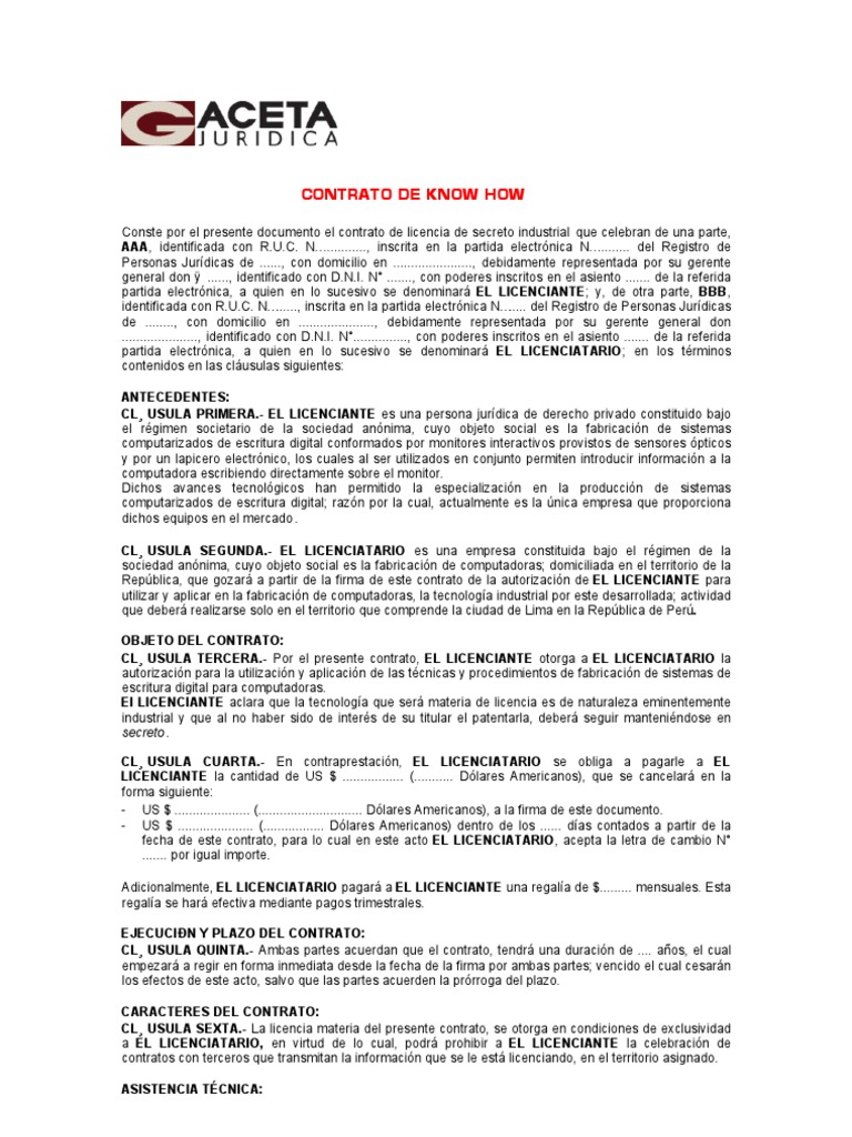Resultado de imagen para contrato know how ejemplo