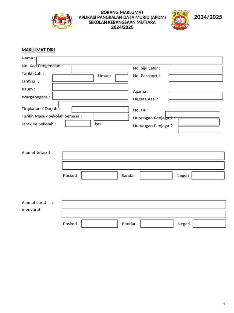 Borang Maklumat Apdm SK Mutiara | PDF