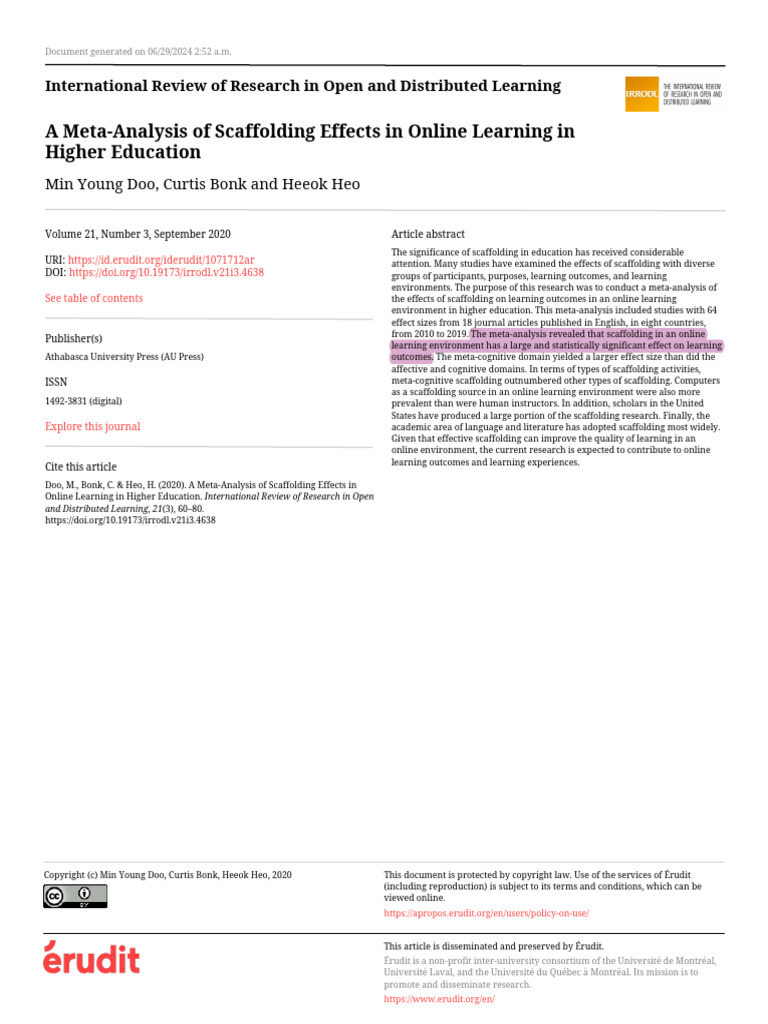 A Meta-Analysis of Scaffolding Effects in Online Learning in Higher ...