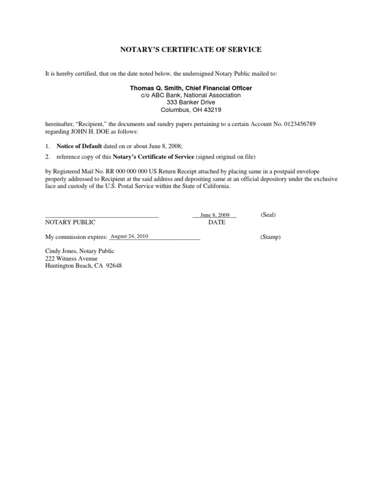 II Notary Certificate of Service