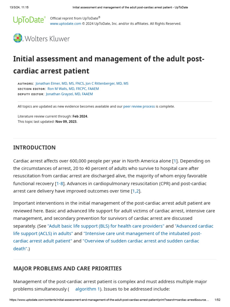 Initial Assessment and Management of The Adult Post-Cardiac Arrest ...