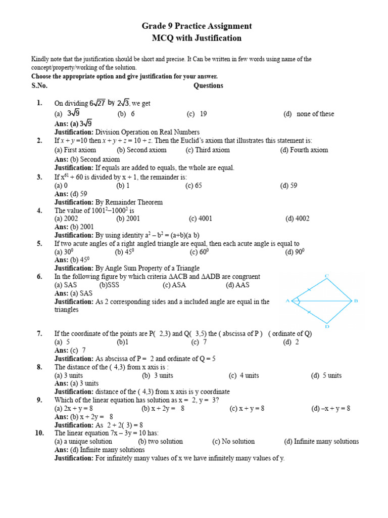 Grade 9 - Math - MCQ'S With Justification | PDF