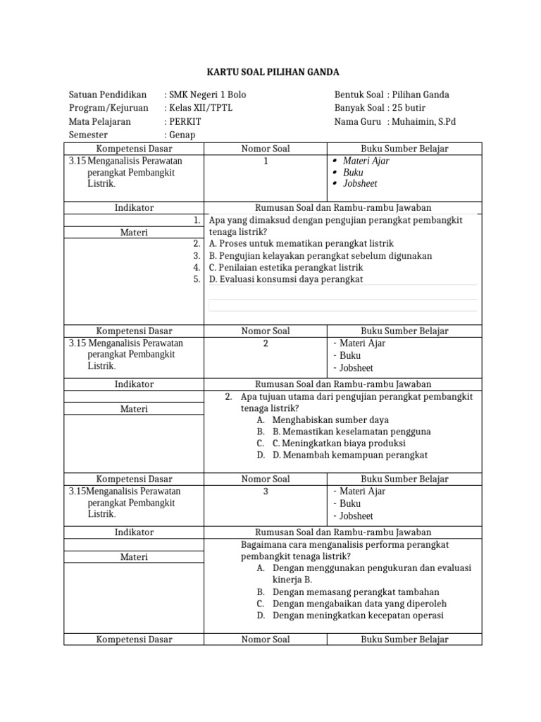 (Kartu Soal) Xii TPTL - Perkit | PDF