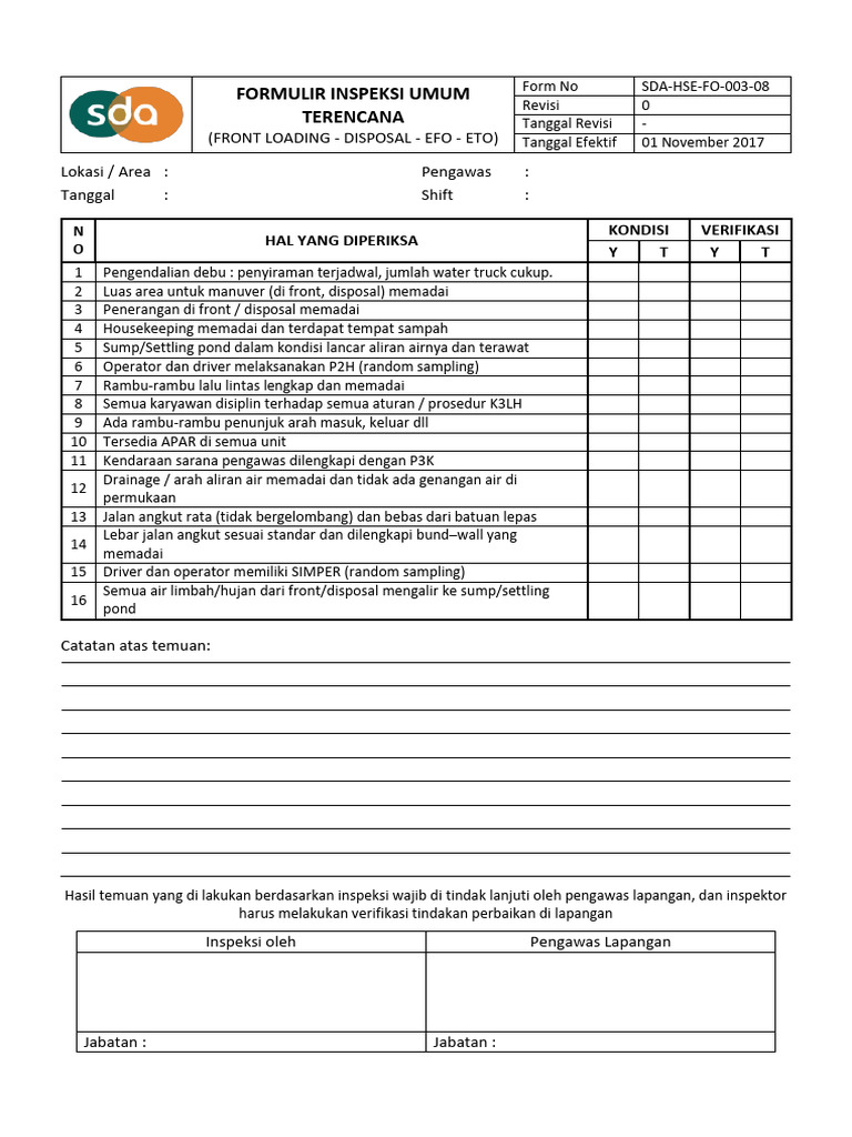 Formulir Inspeksi Umum Terencana | PDF