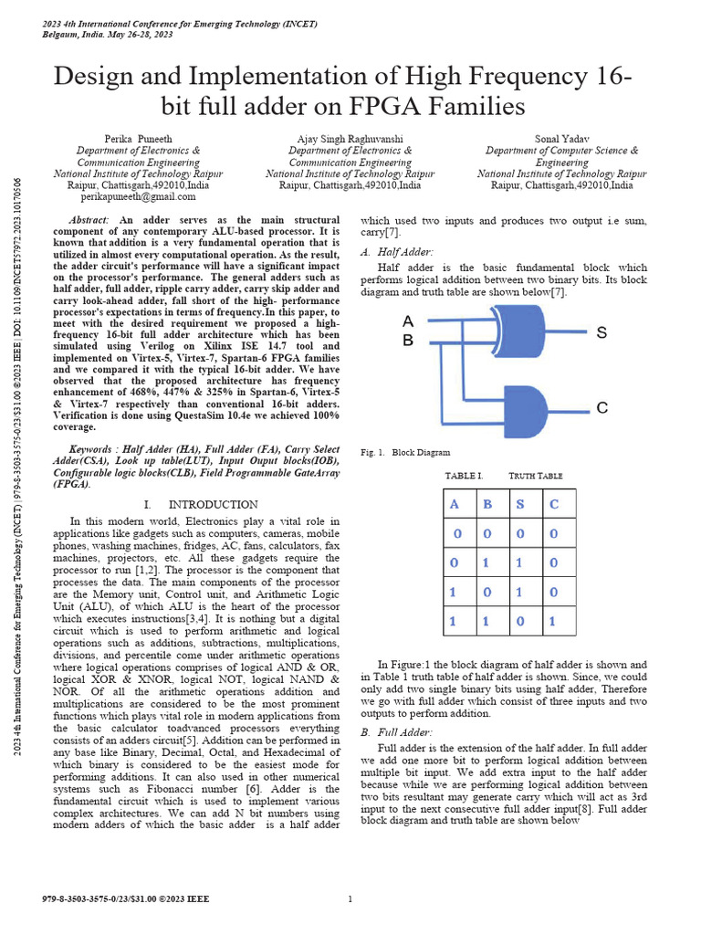 Design and Implementation of High Frequency 16-Bit Full Adder On FPGA ...