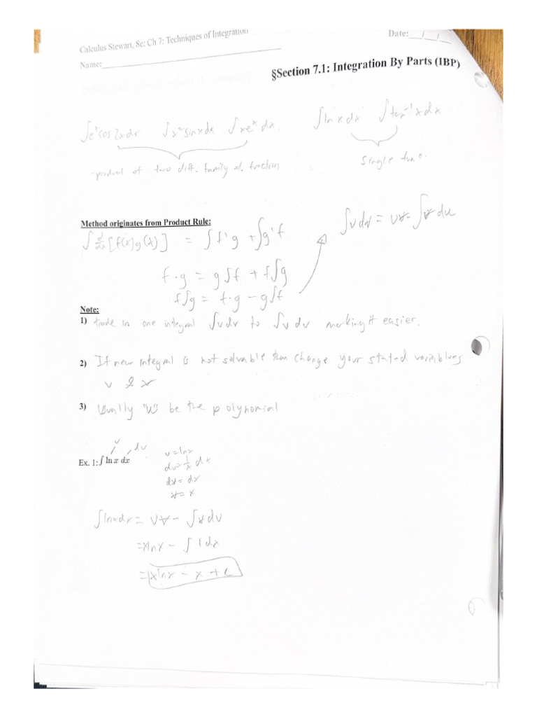 Section 7.1 Integration by Parts (IBP) Notes | PDF