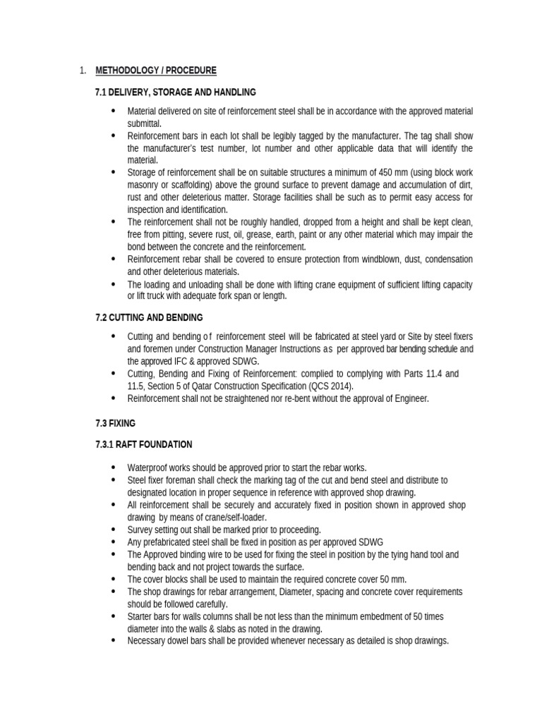 Method statement for reinforcement works work methodology pdf