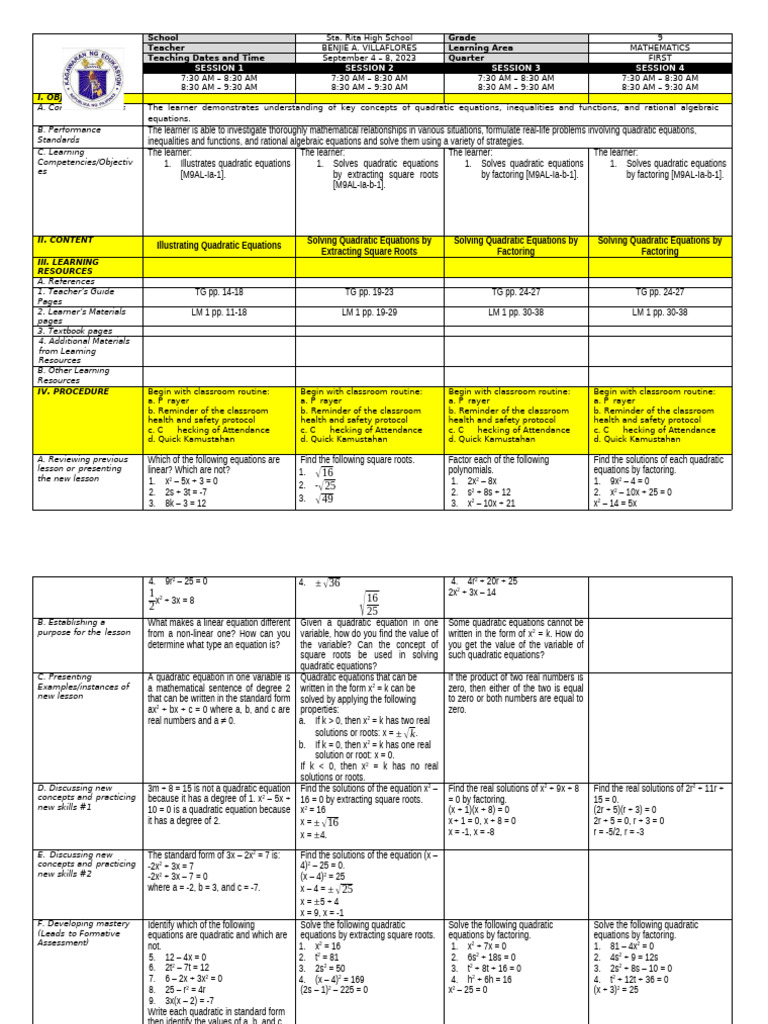 DLL - September 4 - 8, 2023 (Week 1) | PDF | Equations | Teaching ...