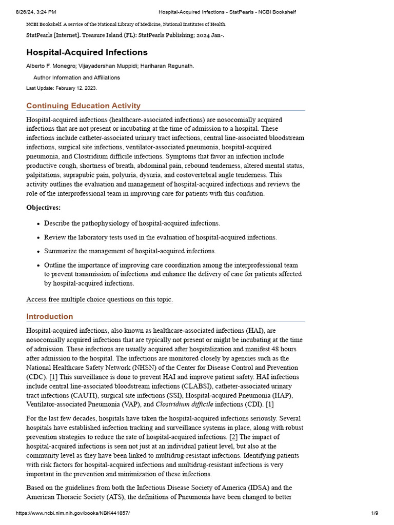 Hospital-Acquired Infections - StatPearls - NCBI Bookshelf | PDF