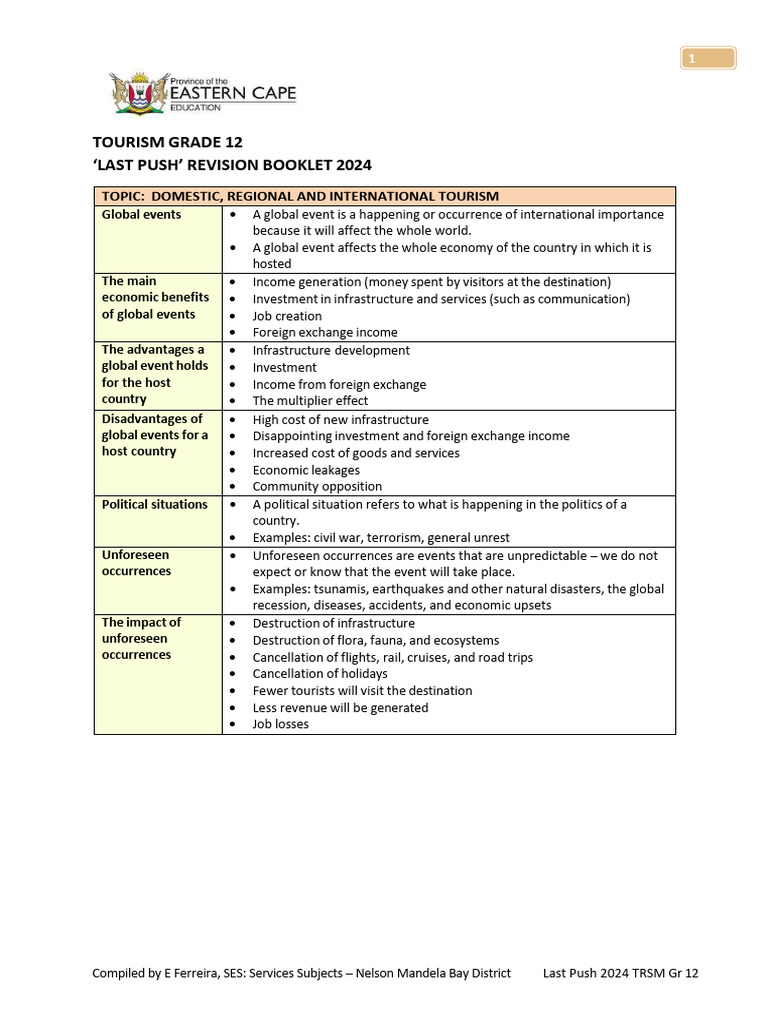 GR 12 Tourism 2024 Last Push Revision Booklet - Ecdoe | PDF