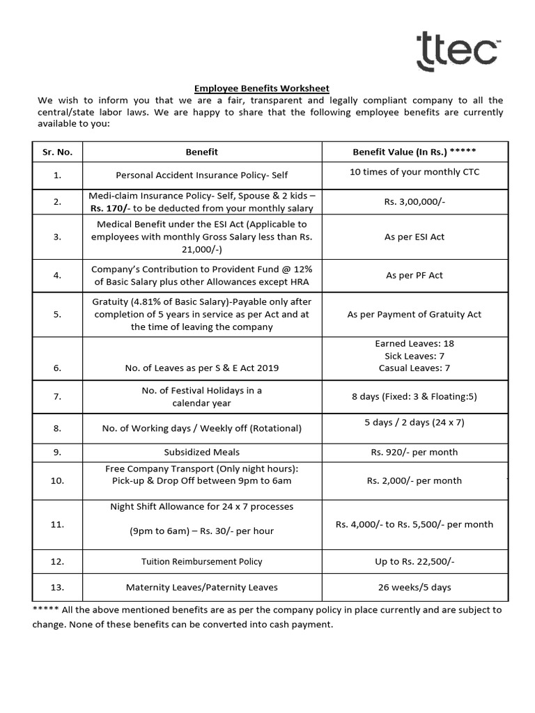 Employee Benefits Sheet - Ahmedabad | PDF