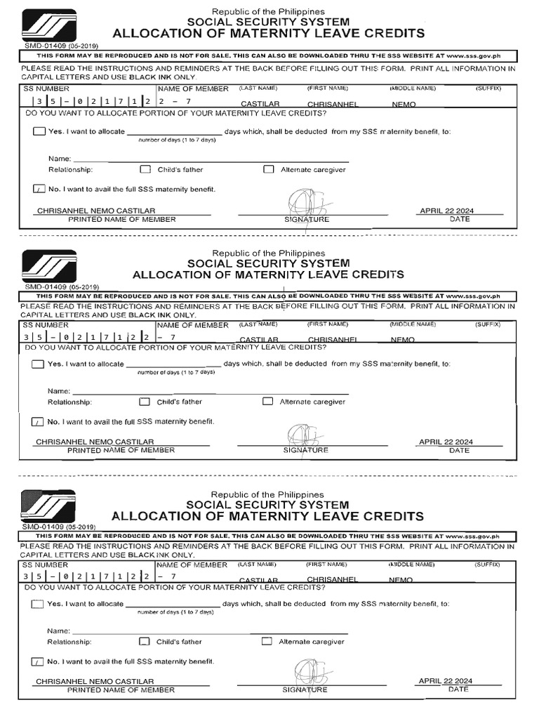 SSS Maternity Allocation Form | PDF