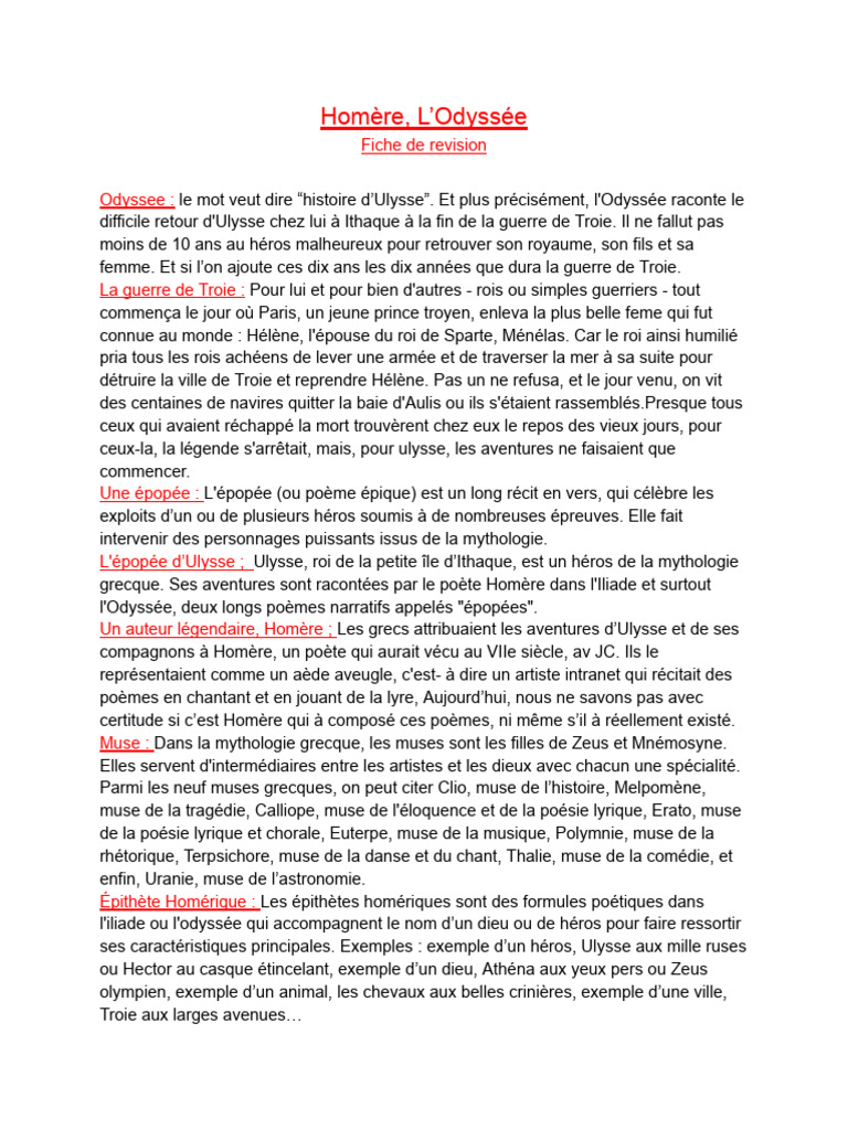Homere, L'Odyssee (Fiche de Revision) | PDF