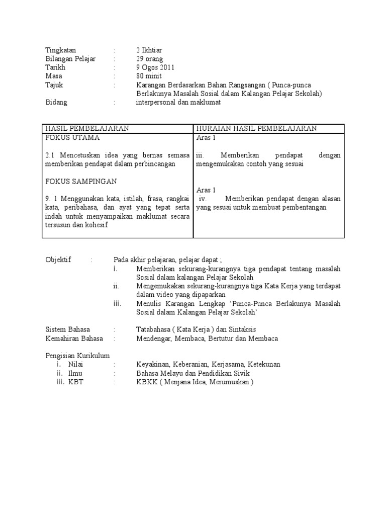 Rancangan Pengajaran Harian Tingkatan Dua Karangan Pdf