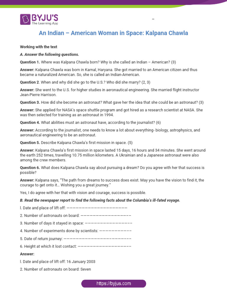 NCERT Solutions For Class 6 English Unit 4 An Indian - American Woman ...