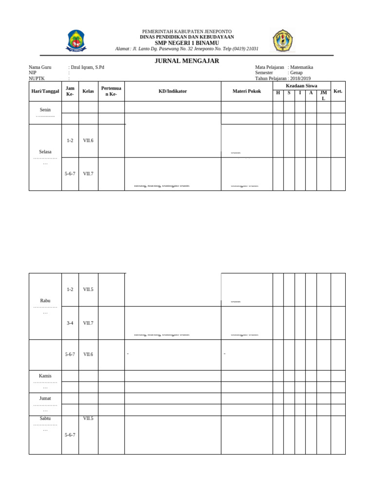 11. Format Jurnal Mengajar New | PDF