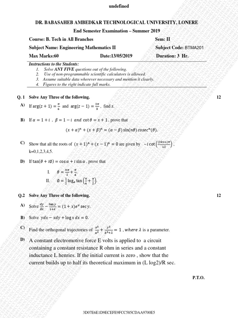 Engineering Mathematics II Exam Paper | PDF | Metrology | Materials Science