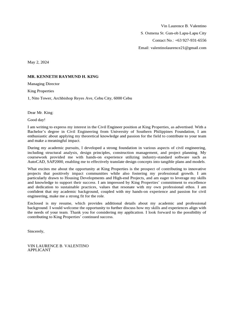 Application for Civil Engineer Position | PDF | Career & Growth