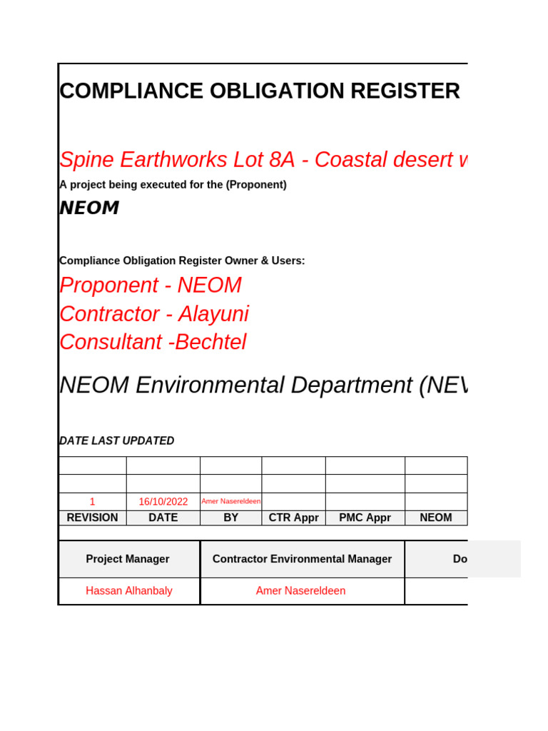 (COR) Compliance Obligation Register - Alayuni - WO23 - Lot 8A | PDF