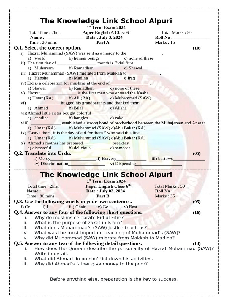 English 6th 1st Term 2024 Pdf