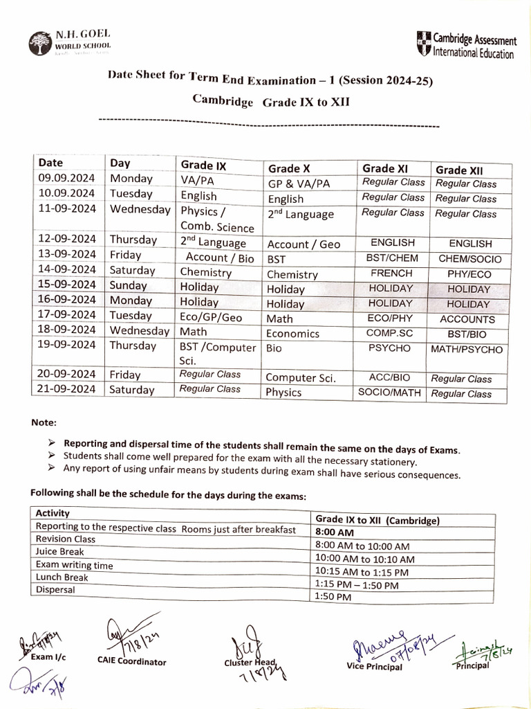 Cambridge Grade 9 12 Datesheet TEE 1 2024 | PDF