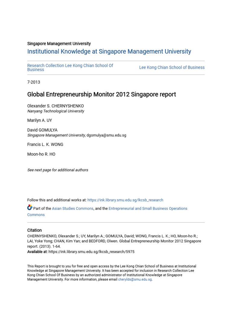 Global Entrepreneurship Monitor 2012 Singapore Report | PDF
