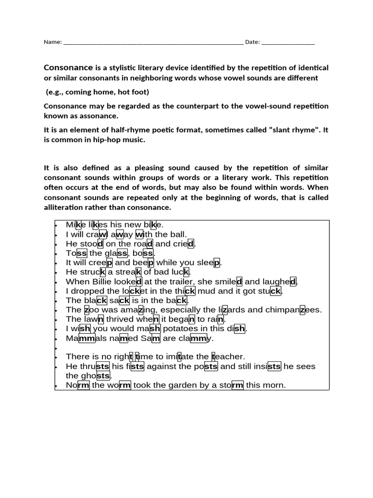 Consonance Worksheet for Grades 4-6 | PDF | Poetics | Poetic Devices