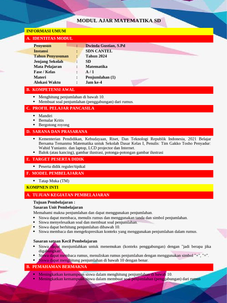 MODUL AJAR MATEMATIKA SD Kelas 1 | PDF