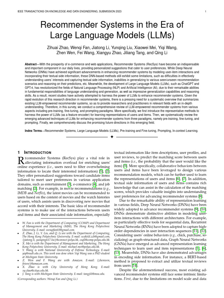 Recommender Systems in The Era of Large Language Models (LLMS) | PDF