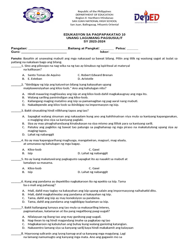 Esp 10 Q1 Periodical Tests | PDF
